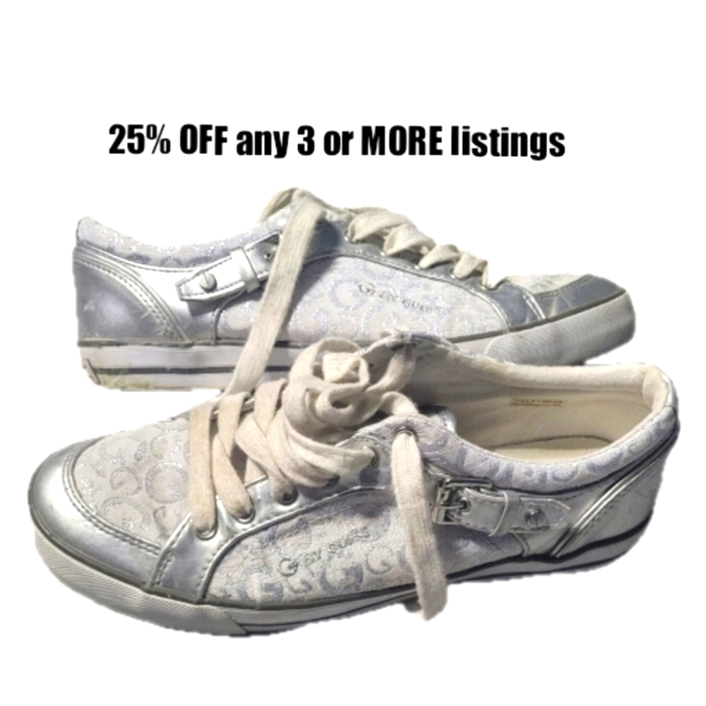 White Sneakers Silver Graphic Print Size 8 Guess Retro Metallic Vintage Tennis